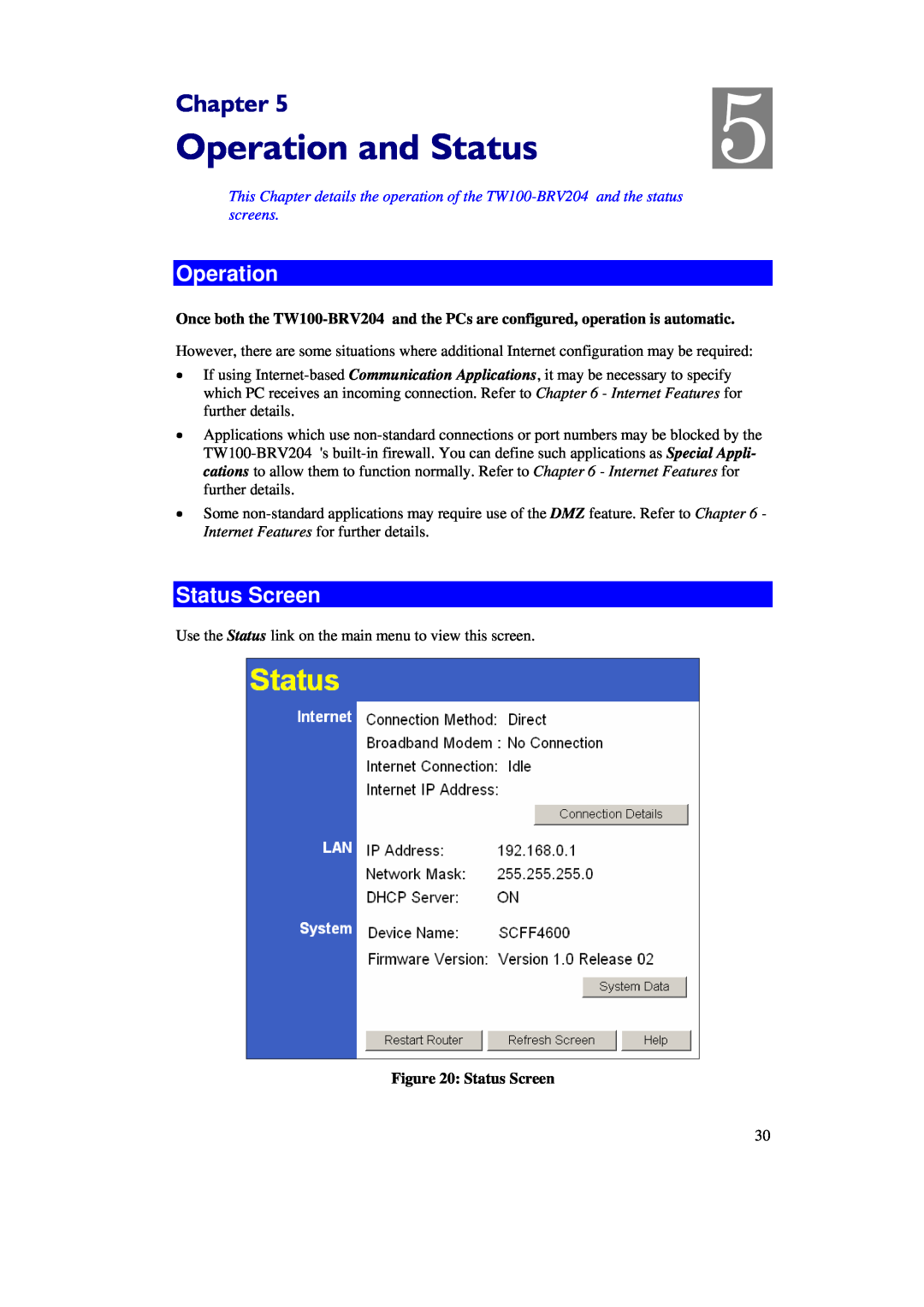 TRENDnet BRV204 manual Operation and Status, Status Screen, Chapter 