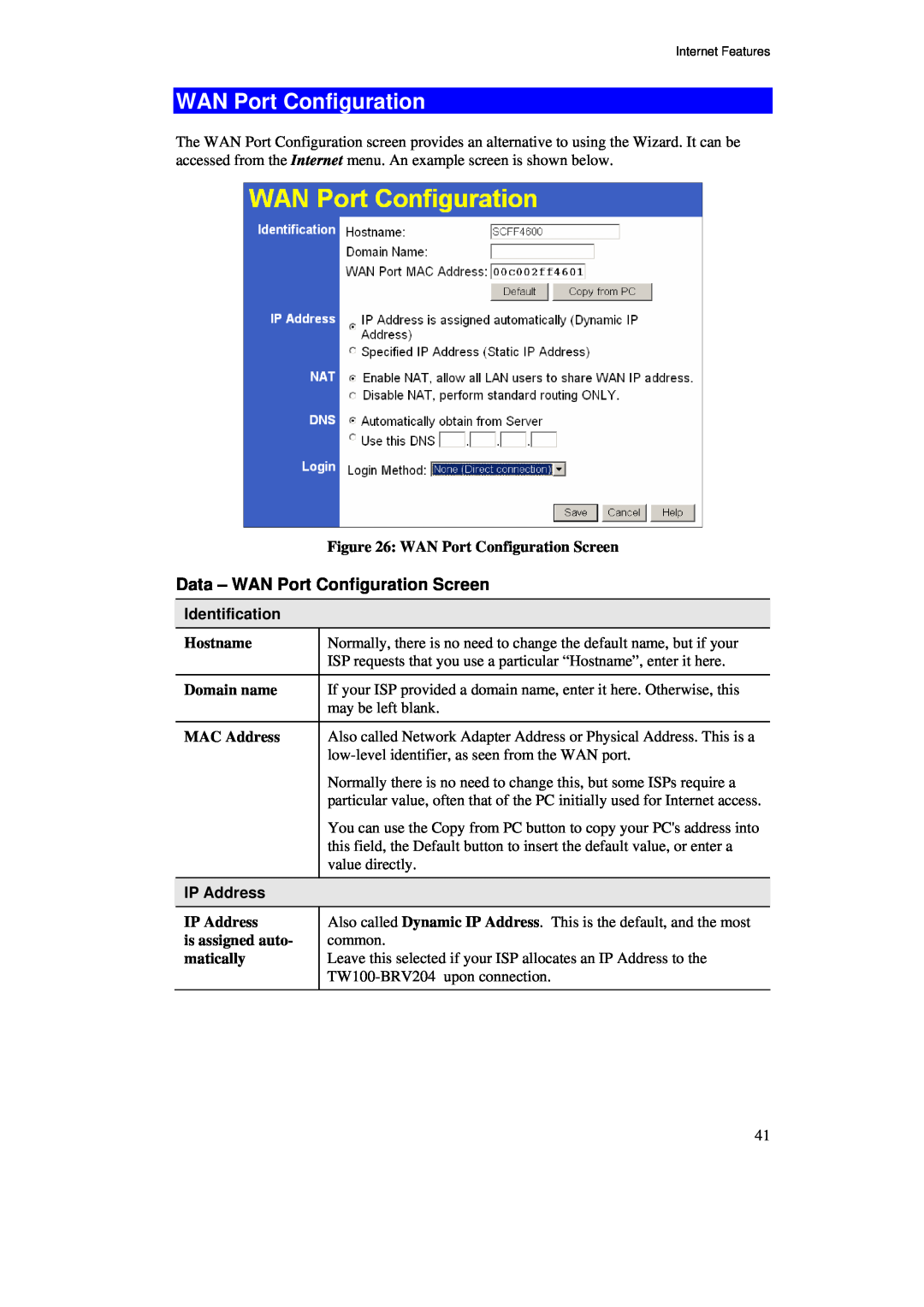 TRENDnet BRV204 manual WAN Port Configuration Screen, Identification, Hostname, Domain name, MAC Address, IP Address 