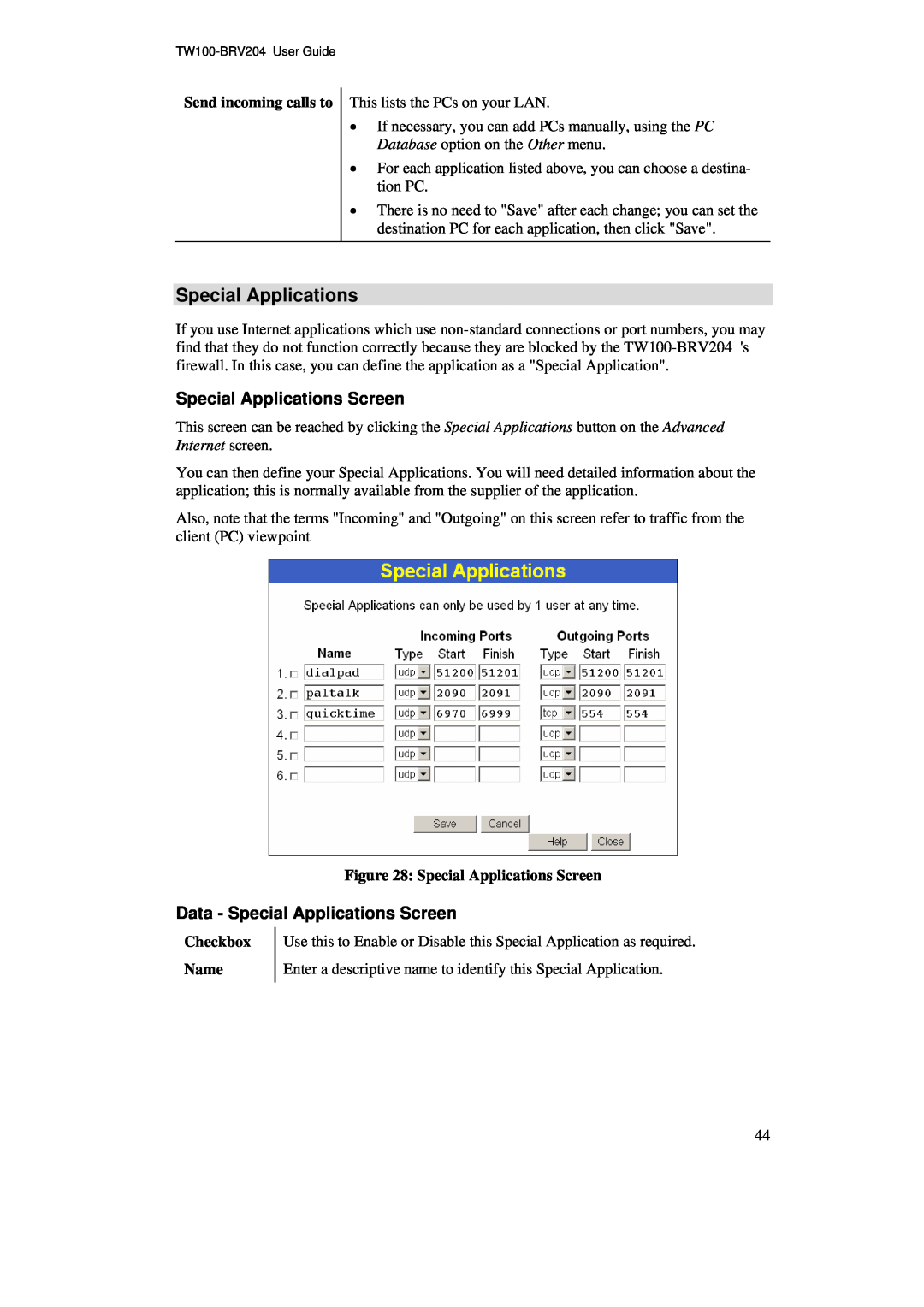 TRENDnet BRV204 manual Special Applications Screen, Checkbox, Name 