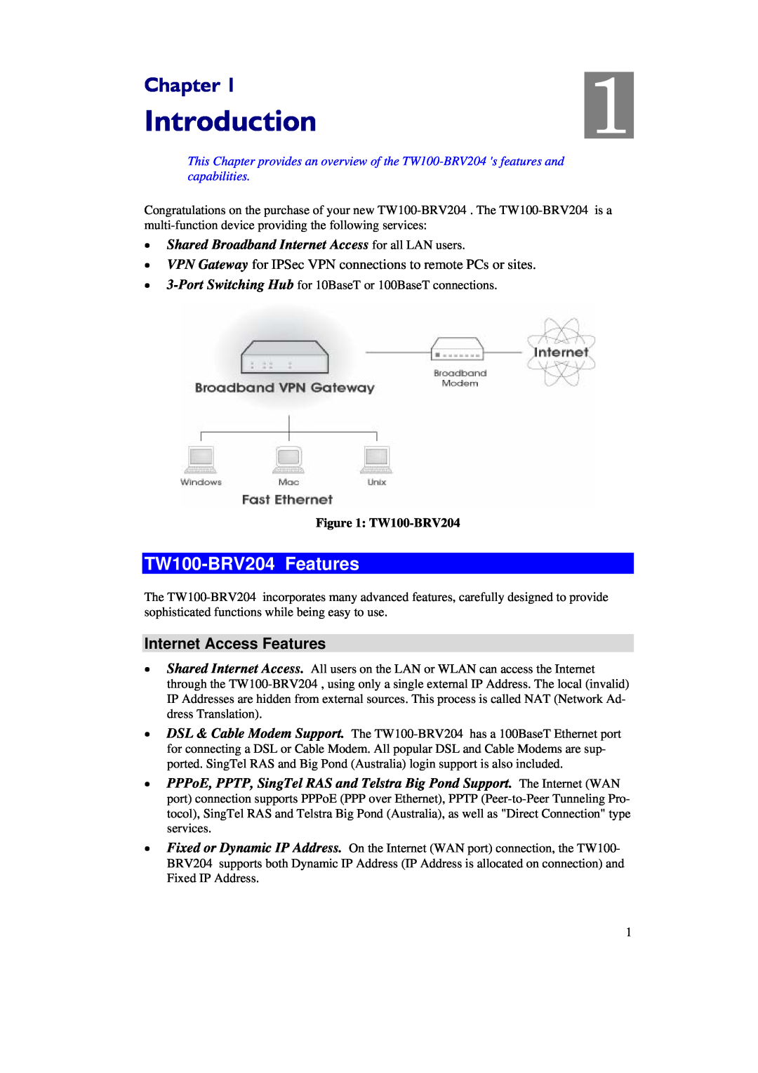 TRENDnet manual Introduction, Chapter, TW100-BRV204 Features, Internet Access Features 