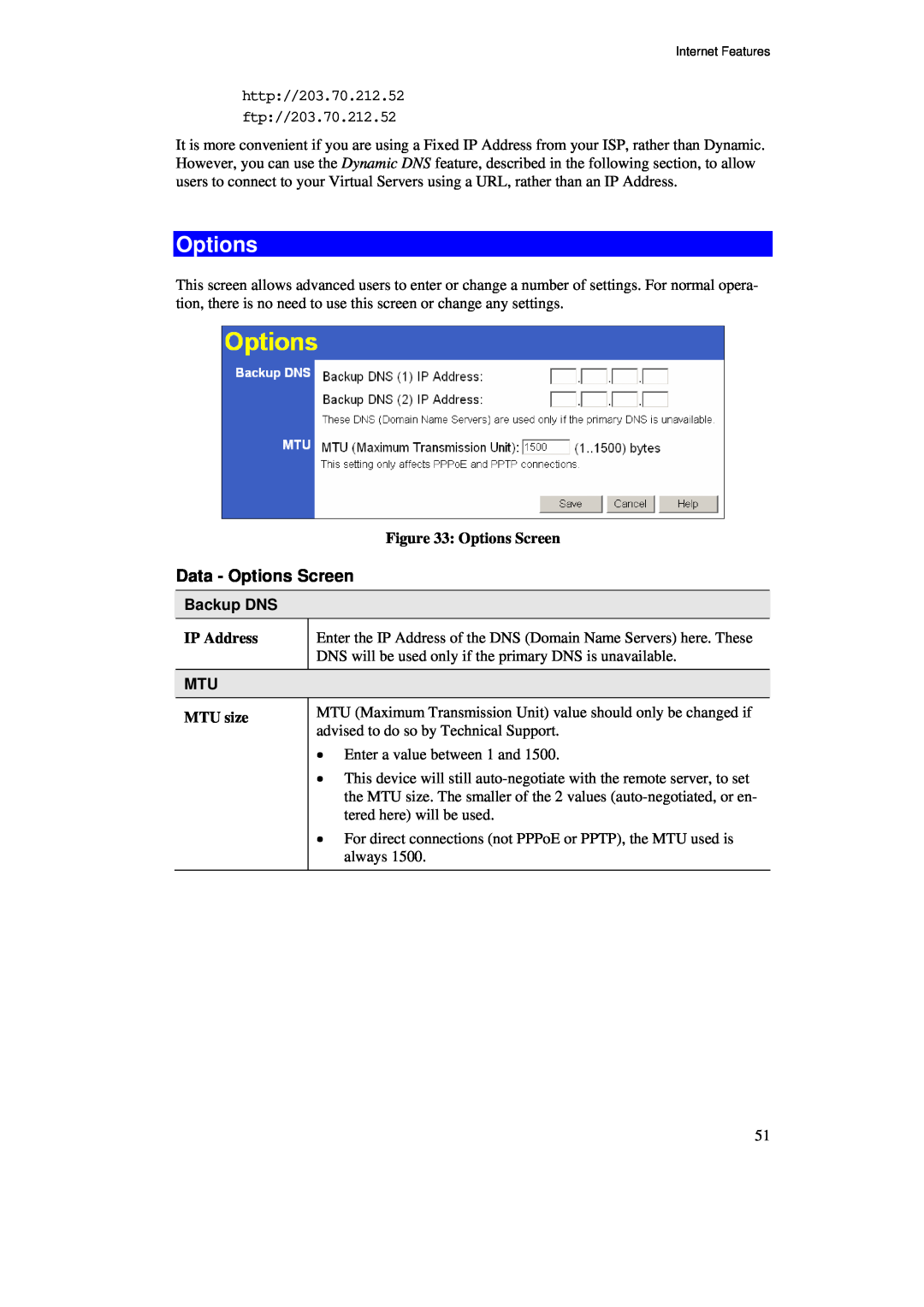 TRENDnet BRV204 manual Options Screen, Backup DNS, IP Address, MTU size 
