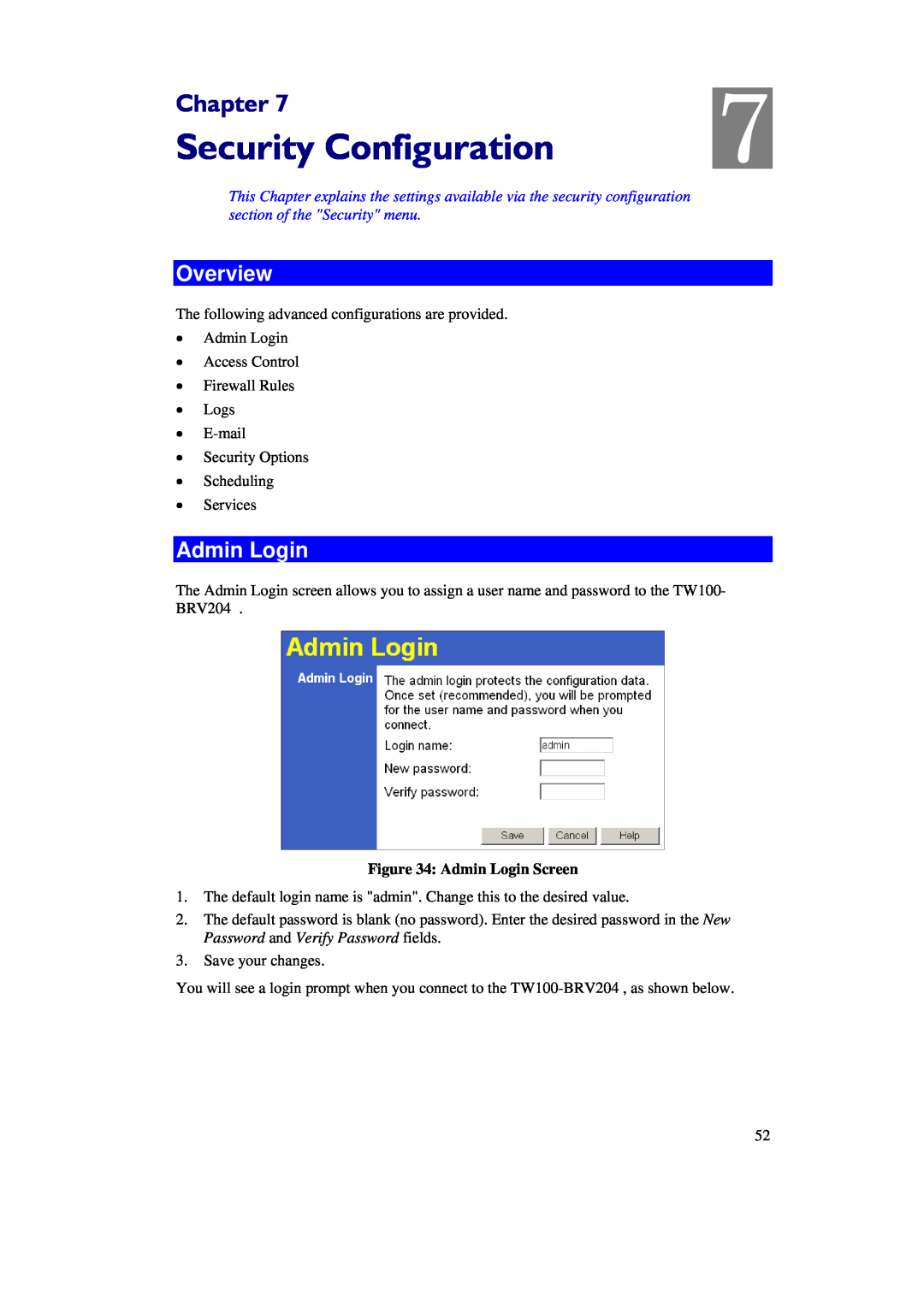 TRENDnet BRV204 manual Security Configuration, Chapter, Overview, Admin Login Screen 