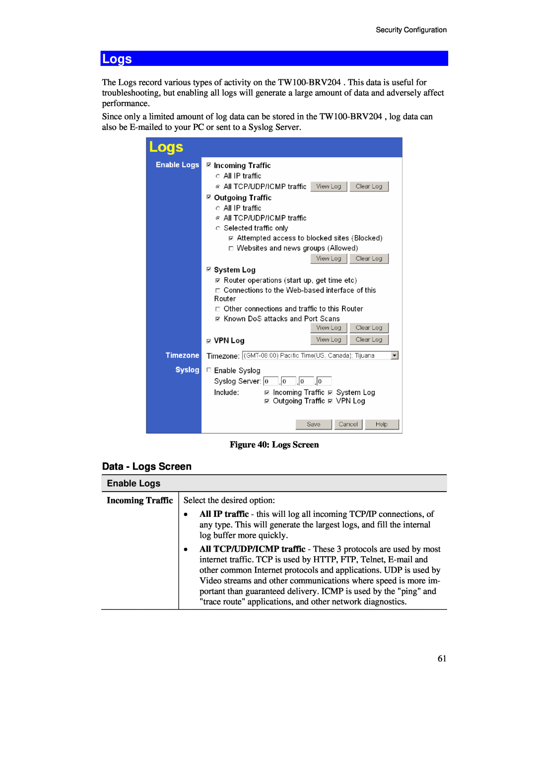 TRENDnet BRV204 manual Data - Logs Screen, Enable Logs 