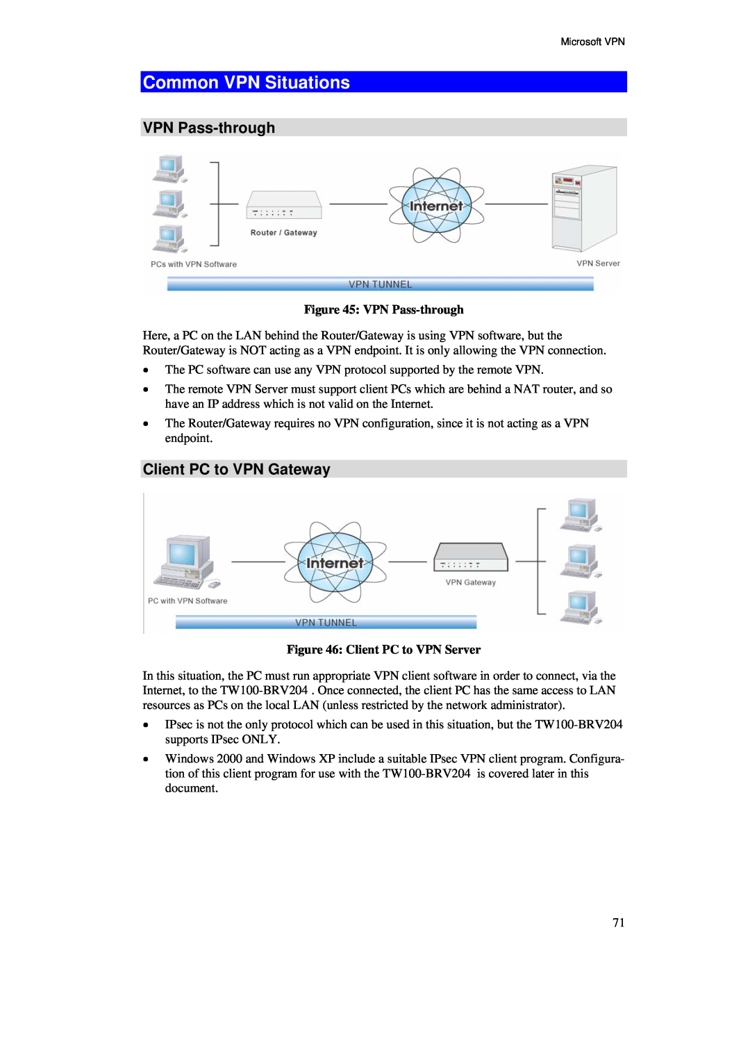 TRENDnet BRV204 manual Common VPN Situations, VPN Pass-through, Client PC to VPN Gateway, Client PC to VPN Server 