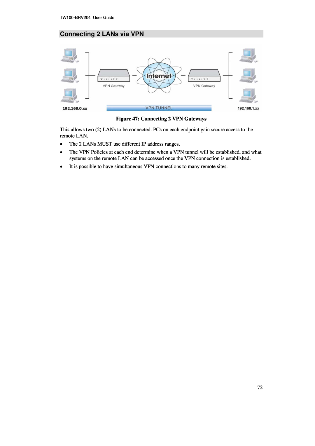 TRENDnet BRV204 manual Connecting 2 LANs via VPN, Connecting 2 VPN Gateways 