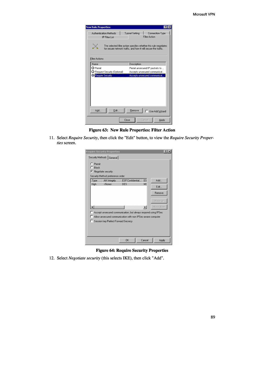 TRENDnet BRV204 manual New Rule Properties Filter Action, Require Security Properties, Microsoft VPN 