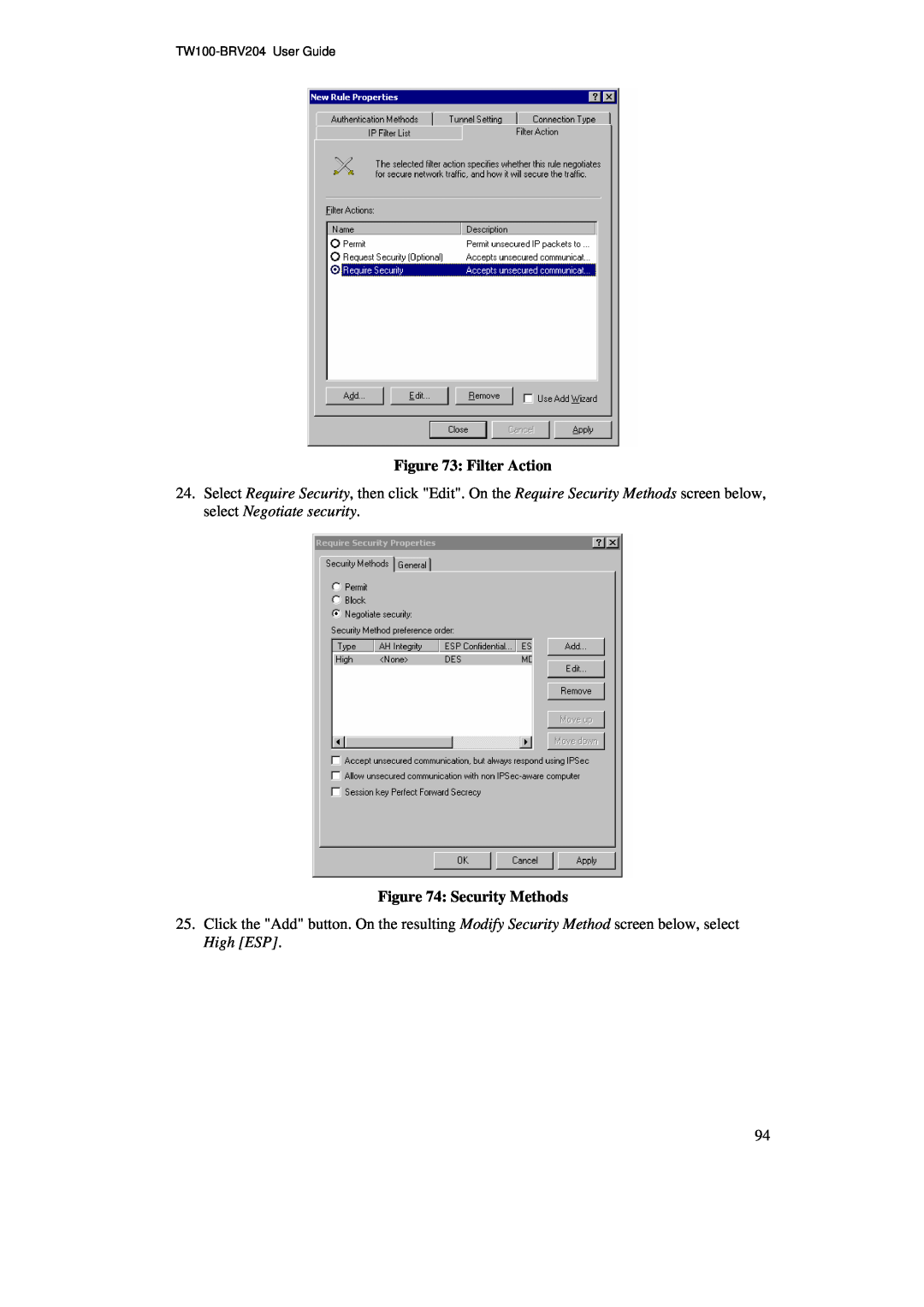 TRENDnet BRV204 manual Filter Action, Security Methods 
