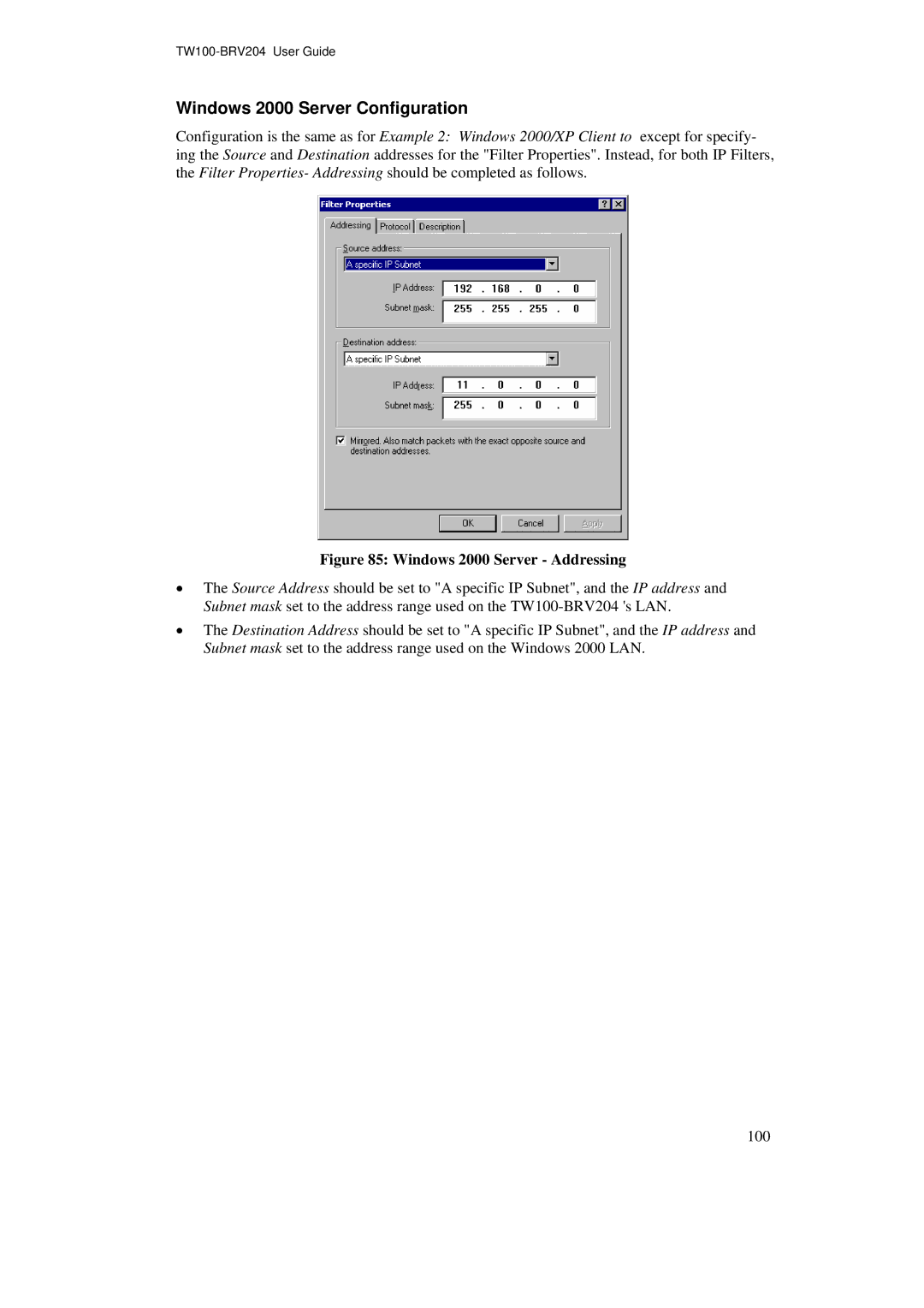 TRENDnet BRV204 manual Windows 2000 Server Configuration, Windows 2000 Server Addressing 