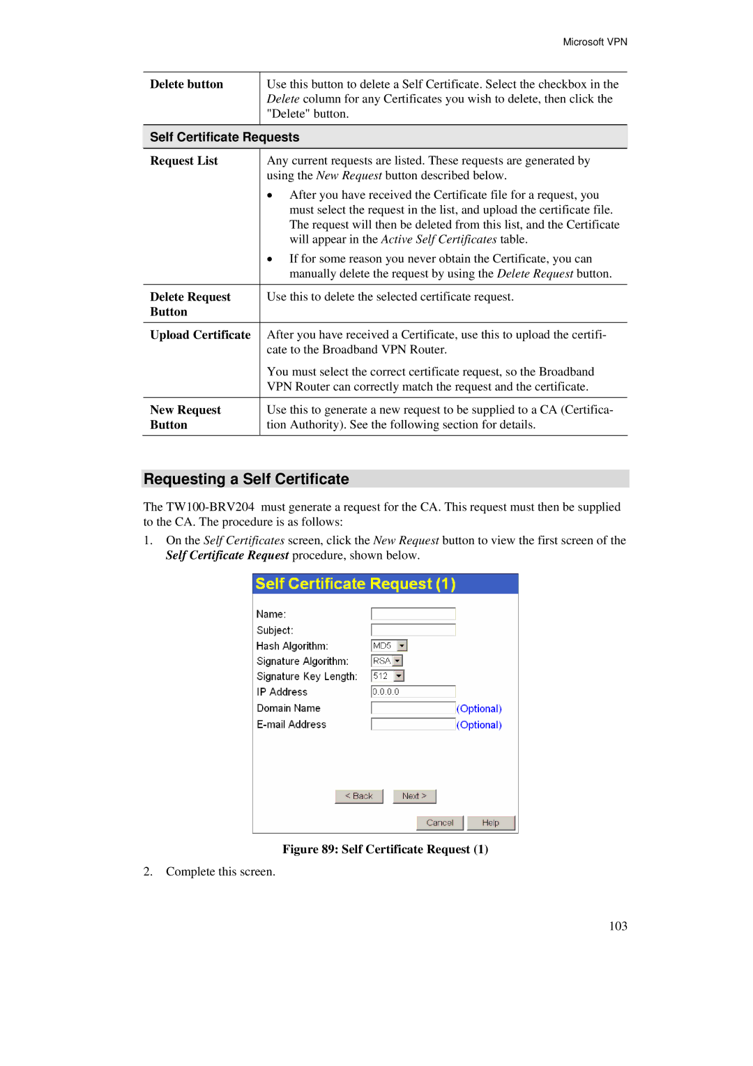 TRENDnet BRV204 manual Requesting a Self Certificate, Self Certificate Requests 