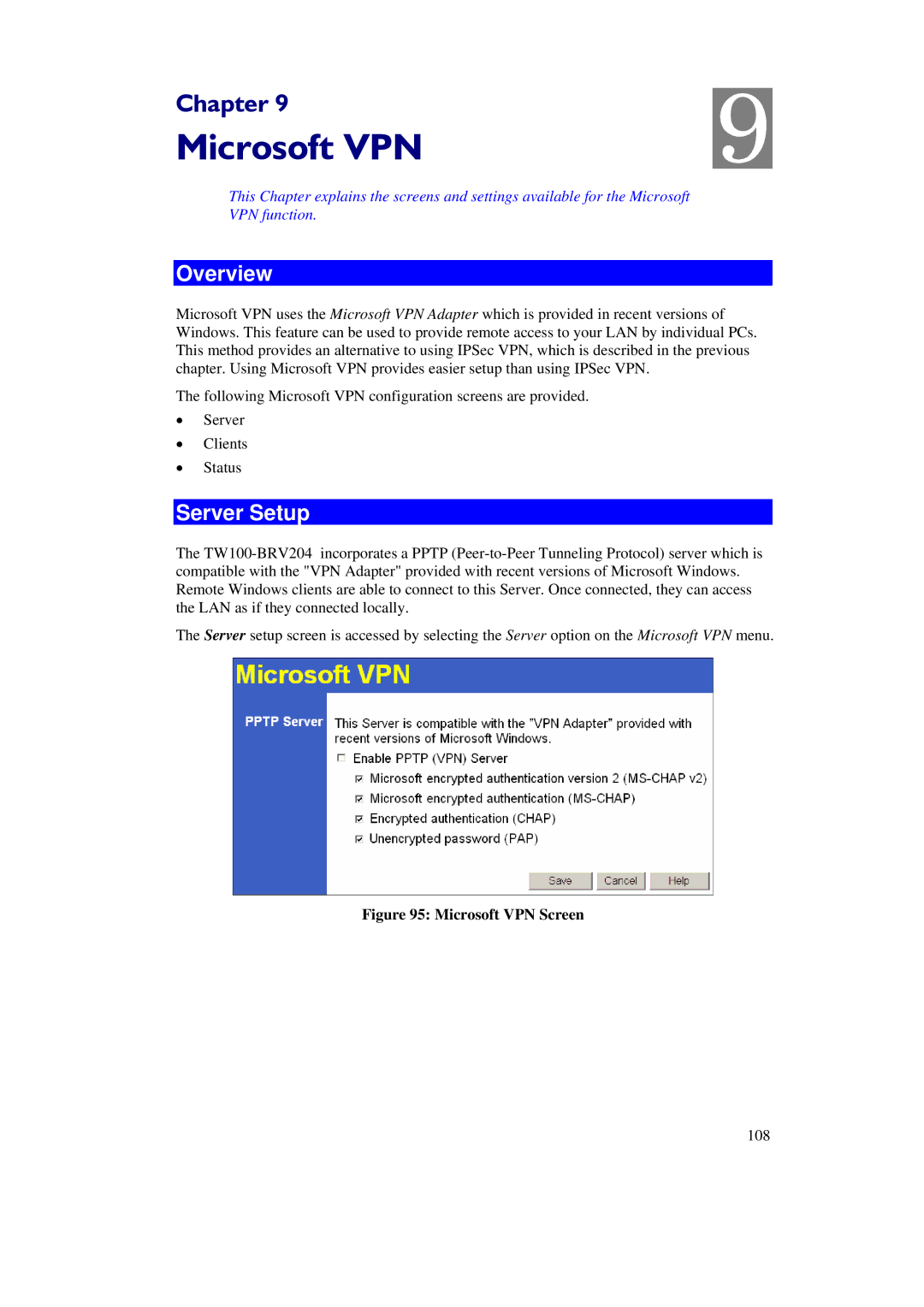 TRENDnet BRV204 manual Server Setup, Microsoft VPN Screen 