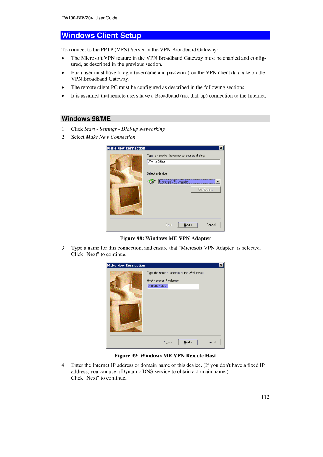 TRENDnet BRV204 manual Windows Client Setup, Windows 98/ME 