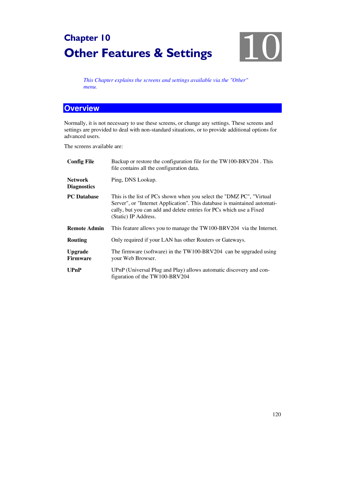 TRENDnet BRV204 manual Network, Diagnostics PC Database, Remote Admin, Upgrade, Firmware 