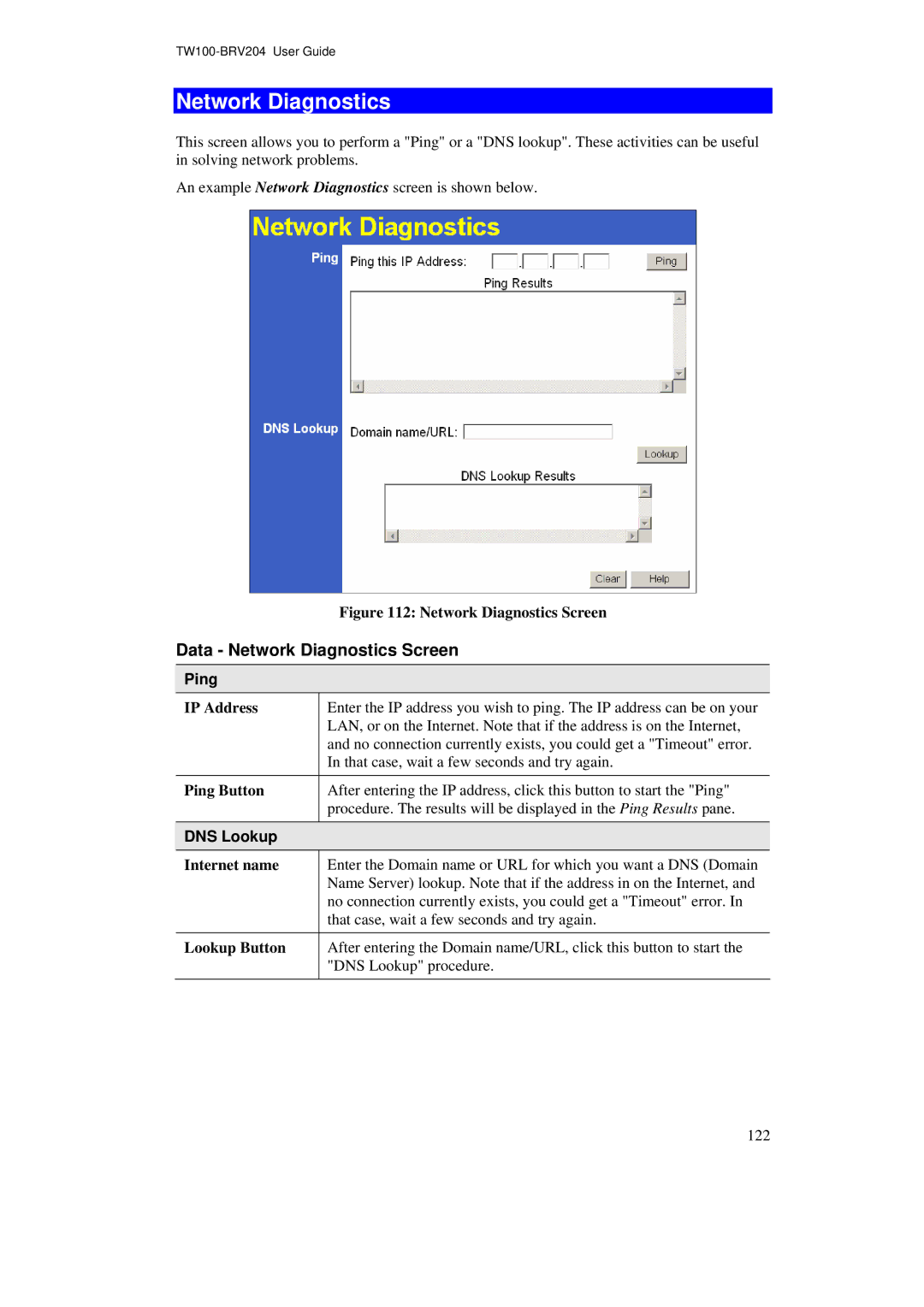 TRENDnet BRV204 manual Data Network Diagnostics Screen, Ping, DNS Lookup 