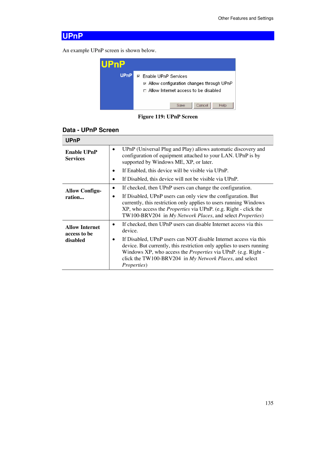 TRENDnet BRV204 Data UPnP Screen, Enable UPnP Services Allow Configu Ration, Allow Internet access to be disabled 