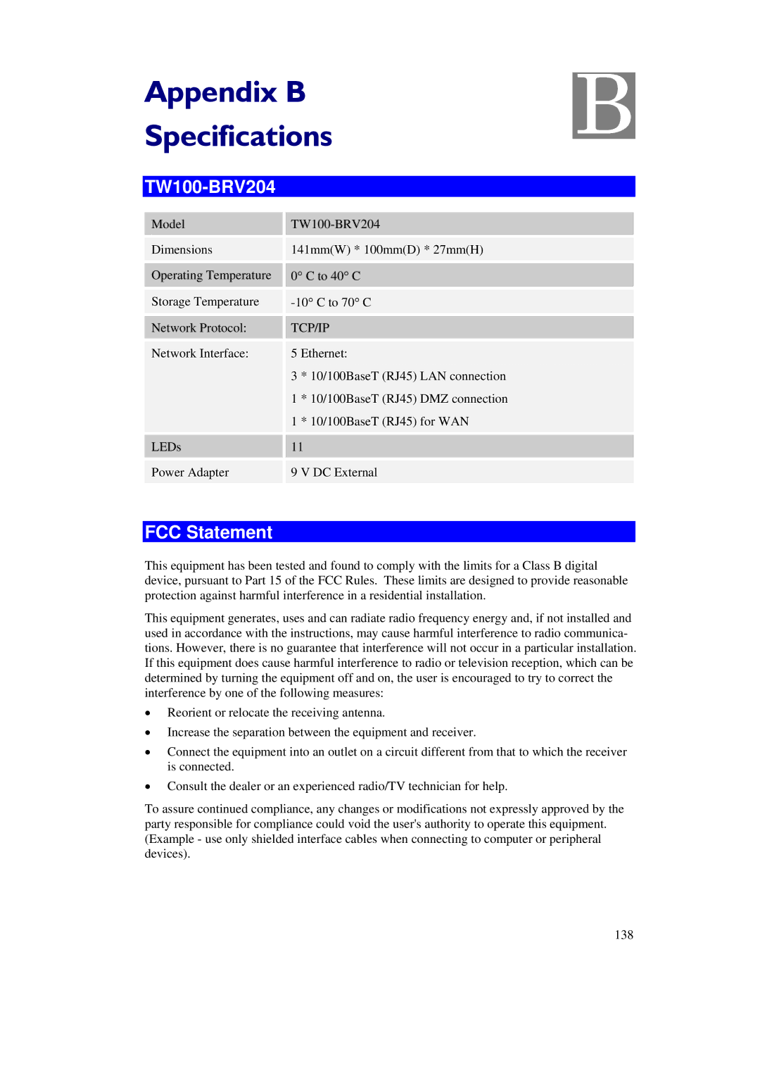 TRENDnet manual TW100-BRV204, FCC Statement 