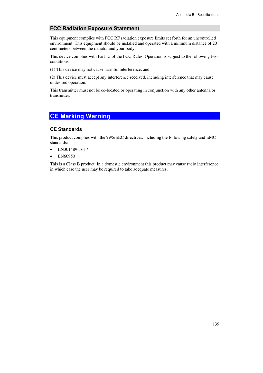 TRENDnet BRV204 manual CE Marking Warning, FCC Radiation Exposure Statement, CE Standards 