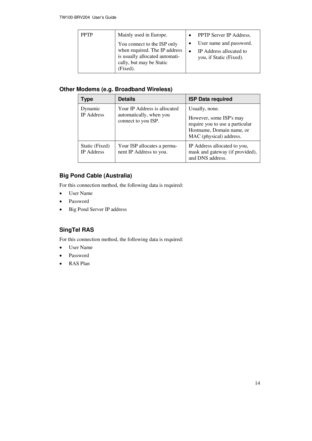 TRENDnet BRV204 manual Other Modems e.g. Broadband Wireless, Big Pond Cable Australia, SingTel RAS 