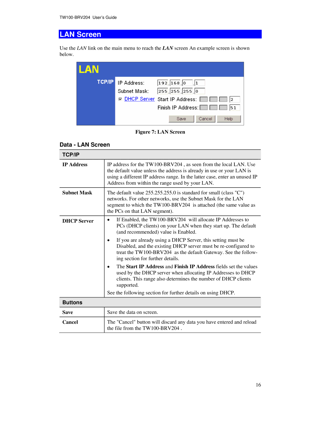 TRENDnet BRV204 manual Data LAN Screen, Buttons 