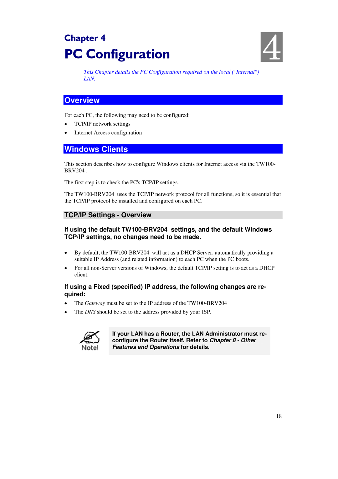 TRENDnet BRV204 manual Windows Clients, TCP/IP Settings Overview 