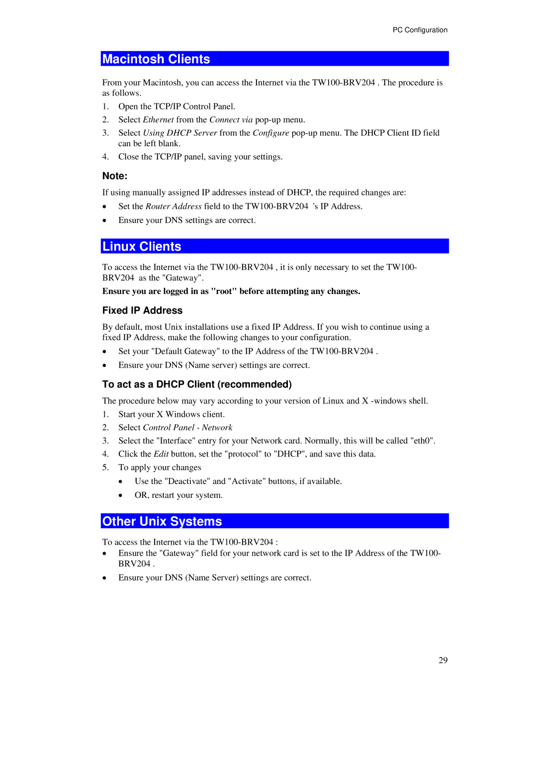 TRENDnet BRV204 manual Macintosh Clients, Linux Clients, Other Unix Systems, Fixed IP Address 