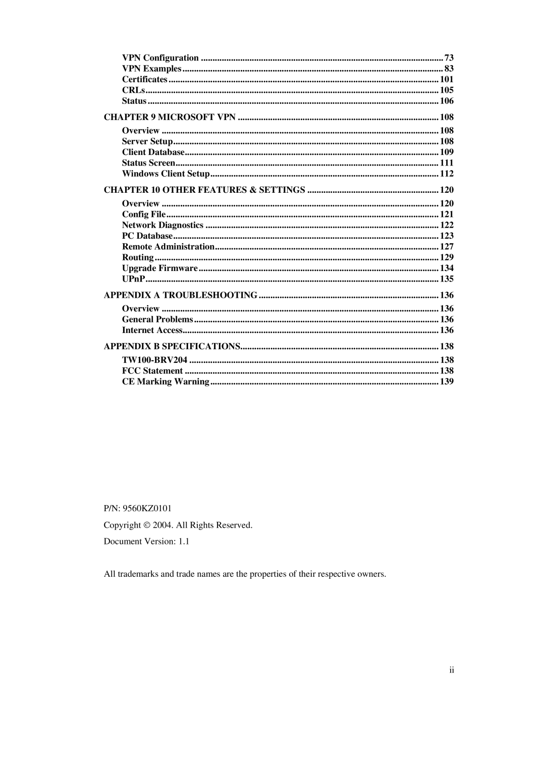 TRENDnet BRV204 manual 108, 120, Overview 136 General Problems Internet Access 