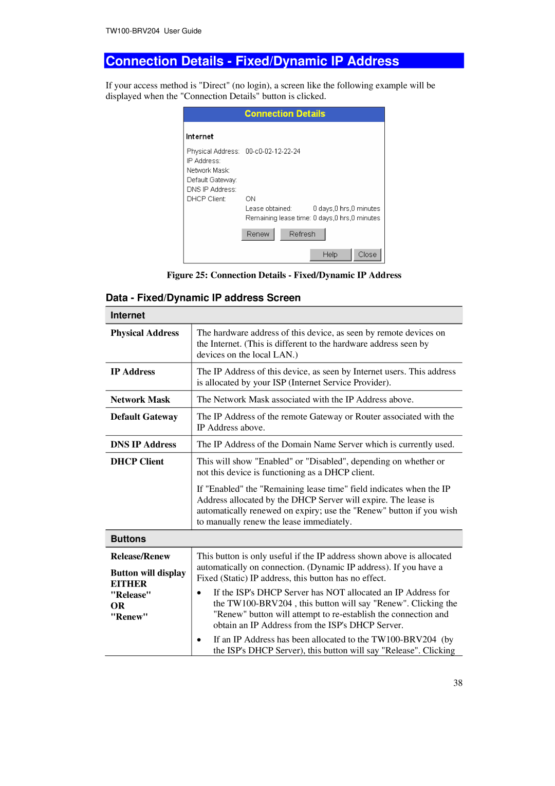 TRENDnet BRV204 manual Connection Details Fixed/Dynamic IP Address, Data Fixed/Dynamic IP address Screen 