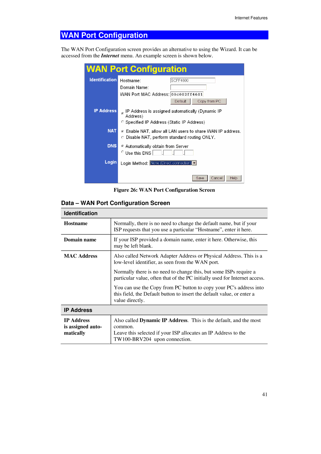 TRENDnet BRV204 manual Data WAN Port Configuration Screen, Identification, IP Address 