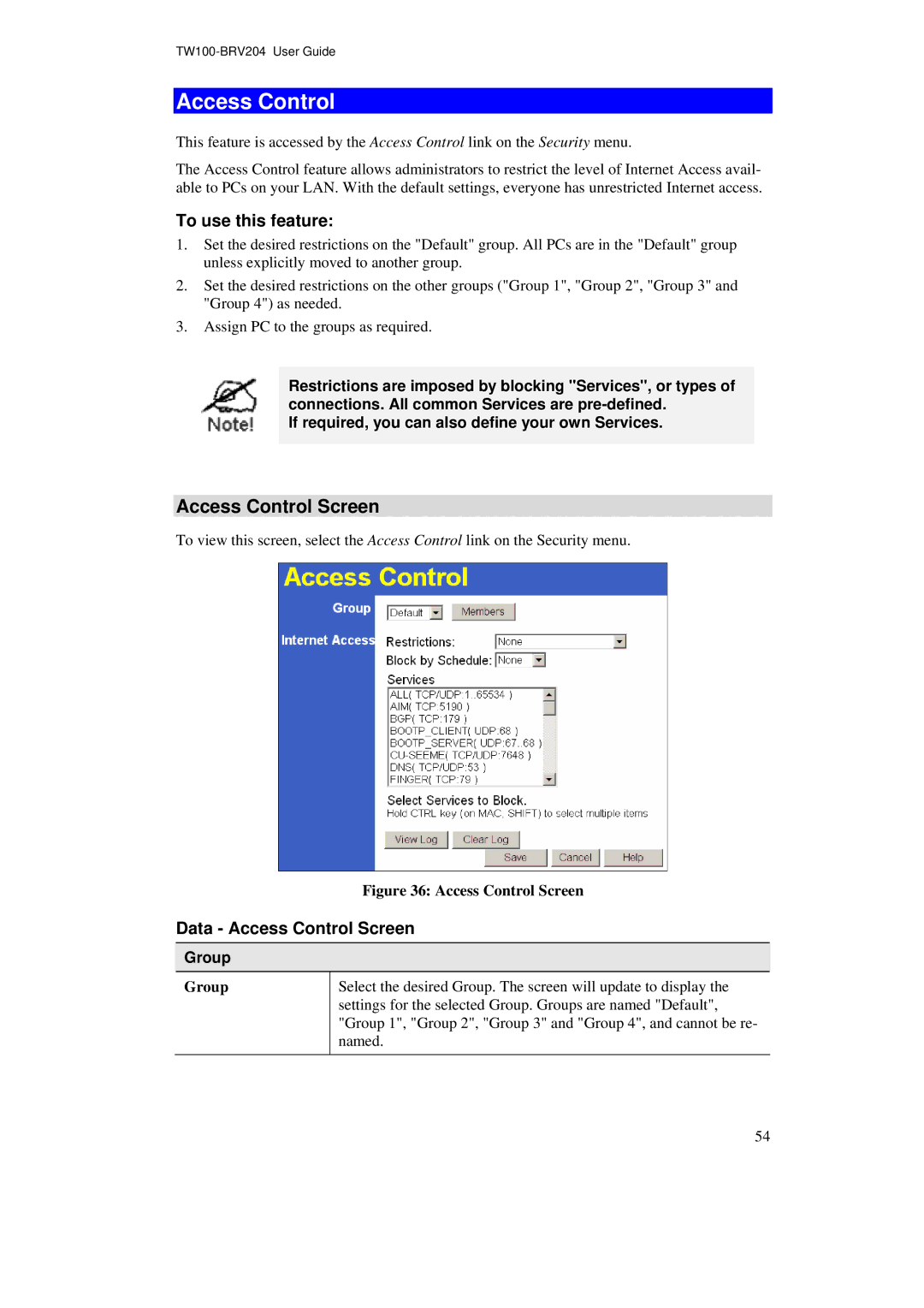 TRENDnet BRV204 manual To use this feature, Data Access Control Screen, Group 