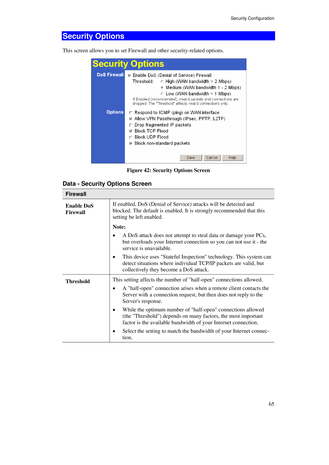 TRENDnet BRV204 manual Data Security Options Screen, Enable DoS Firewall Threshold 