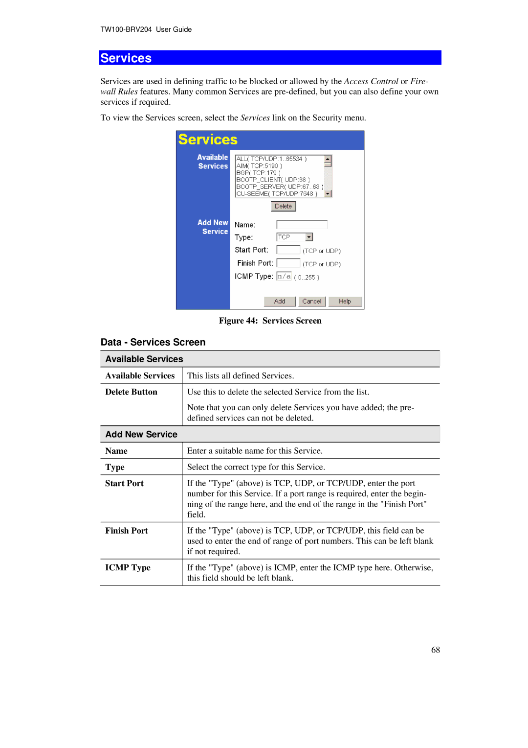 TRENDnet BRV204 manual Data Services Screen, Available Services, Add New Service 