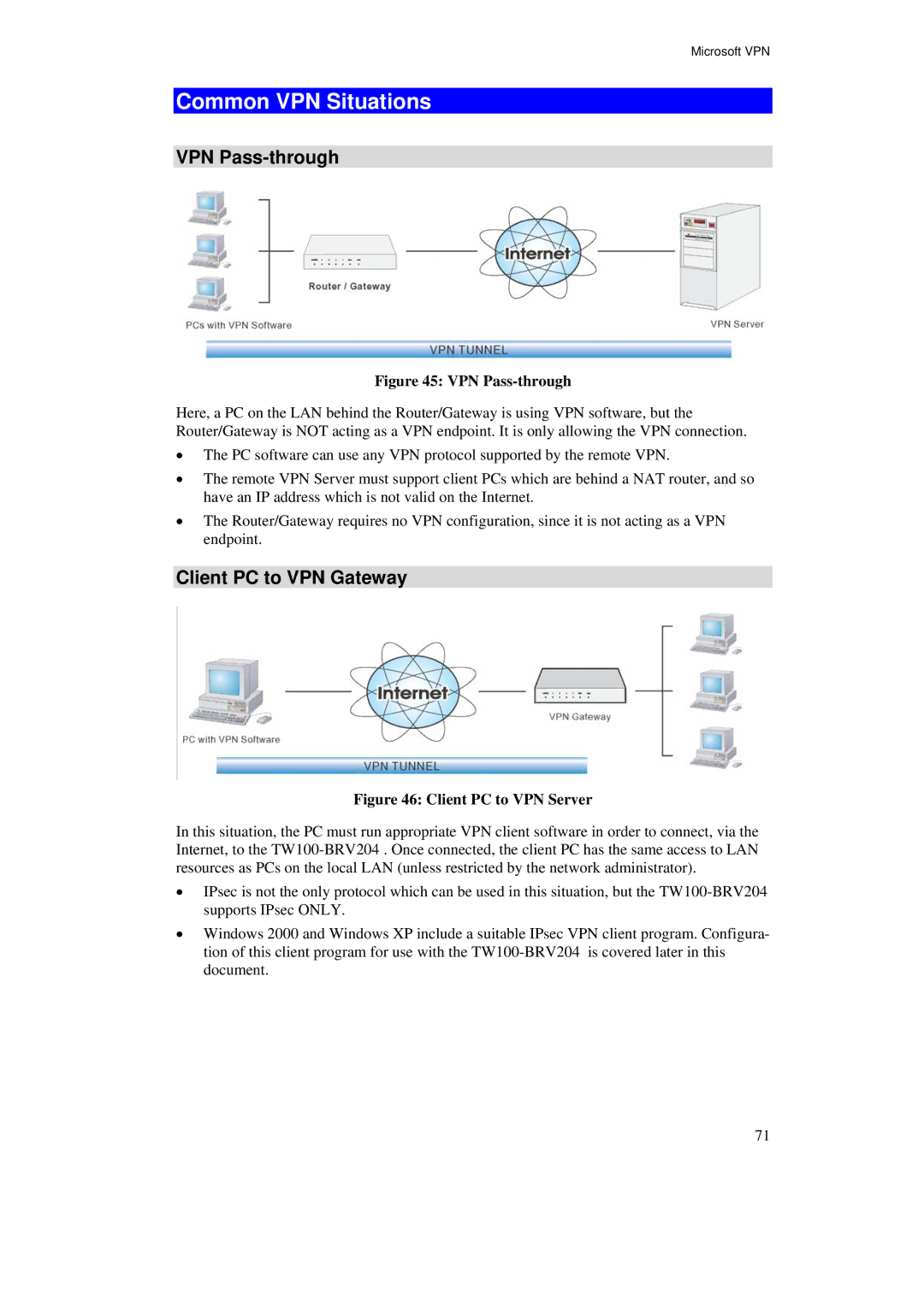 TRENDnet BRV204 manual Common VPN Situations, VPN Pass-through, Client PC to VPN Gateway 