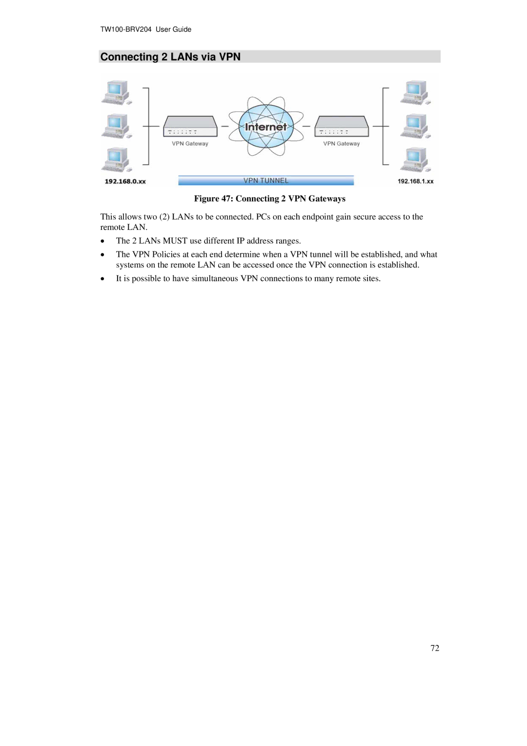 TRENDnet BRV204 manual Connecting 2 LANs via VPN, Connecting 2 VPN Gateways 