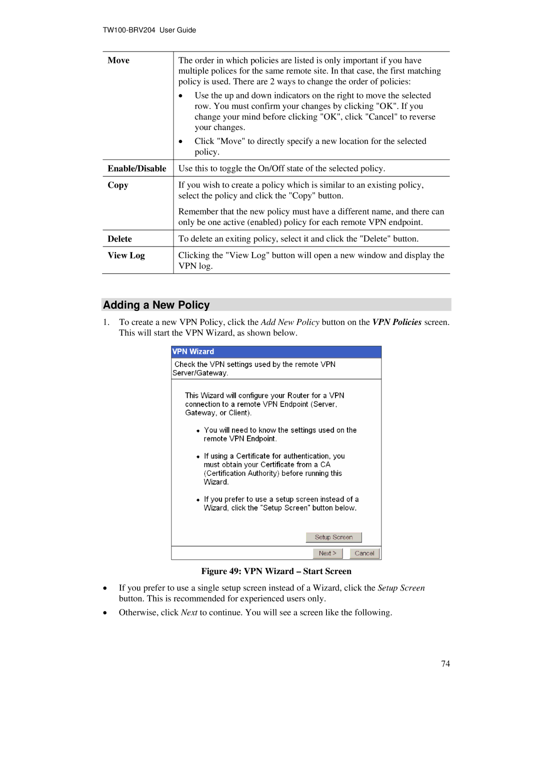 TRENDnet BRV204 manual Adding a New Policy, Enable/Disable, Copy 