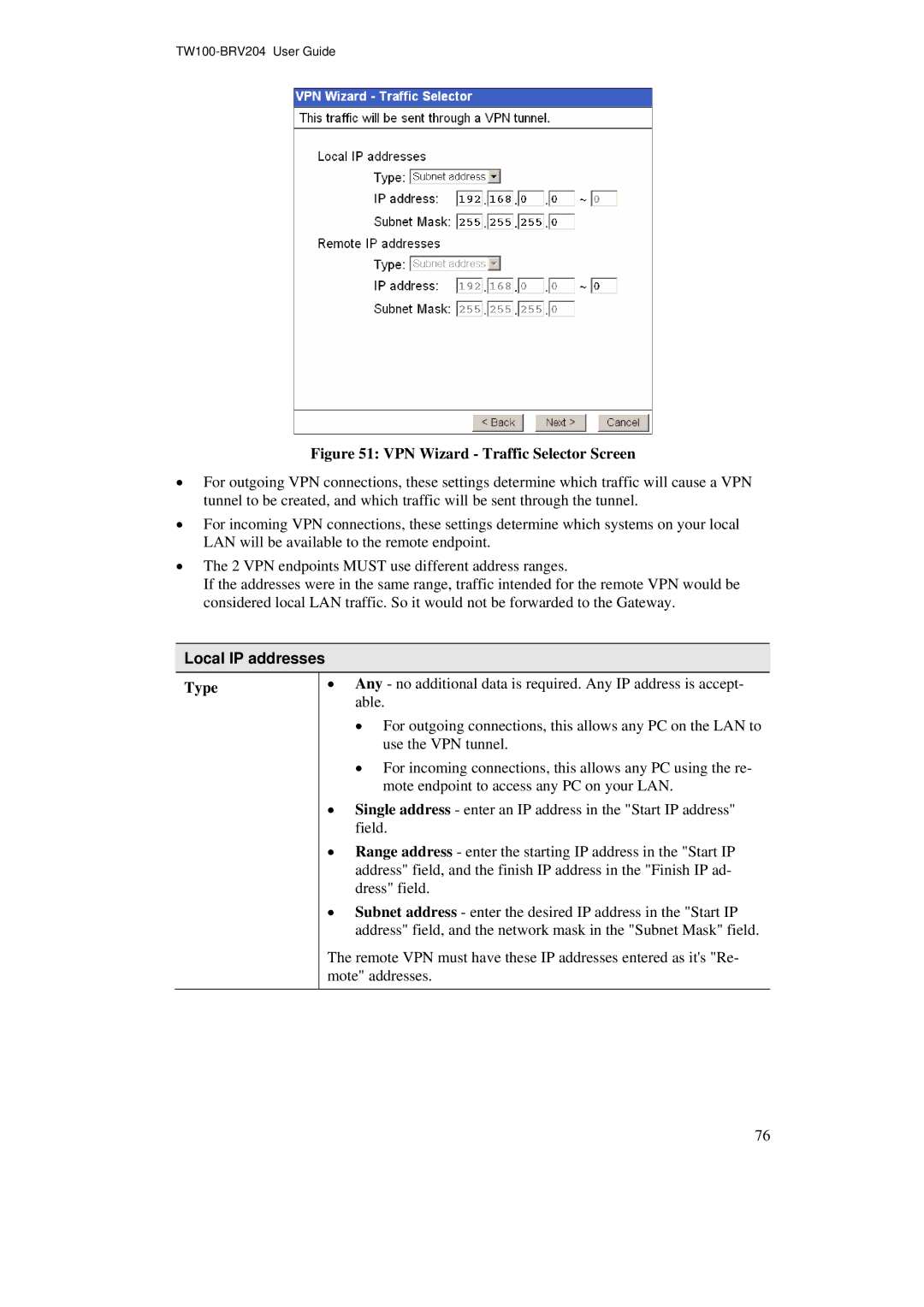 TRENDnet BRV204 manual VPN Wizard Traffic Selector Screen, Local IP addresses 