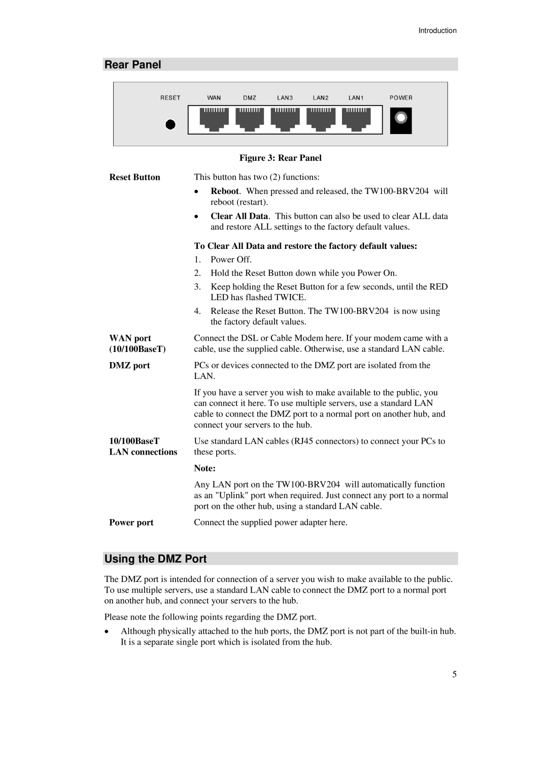 TRENDnet BRV204 manual Rear Panel, Using the DMZ Port 