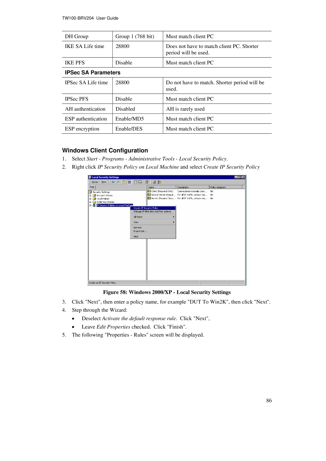 TRENDnet BRV204 manual Windows Client Configuration, Windows 2000/XP Local Security Settings 