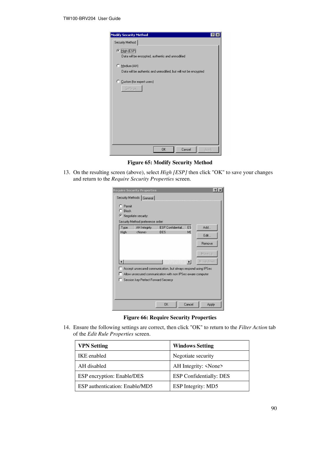 TRENDnet BRV204 manual Modify Security Method, VPN Setting Windows Setting 