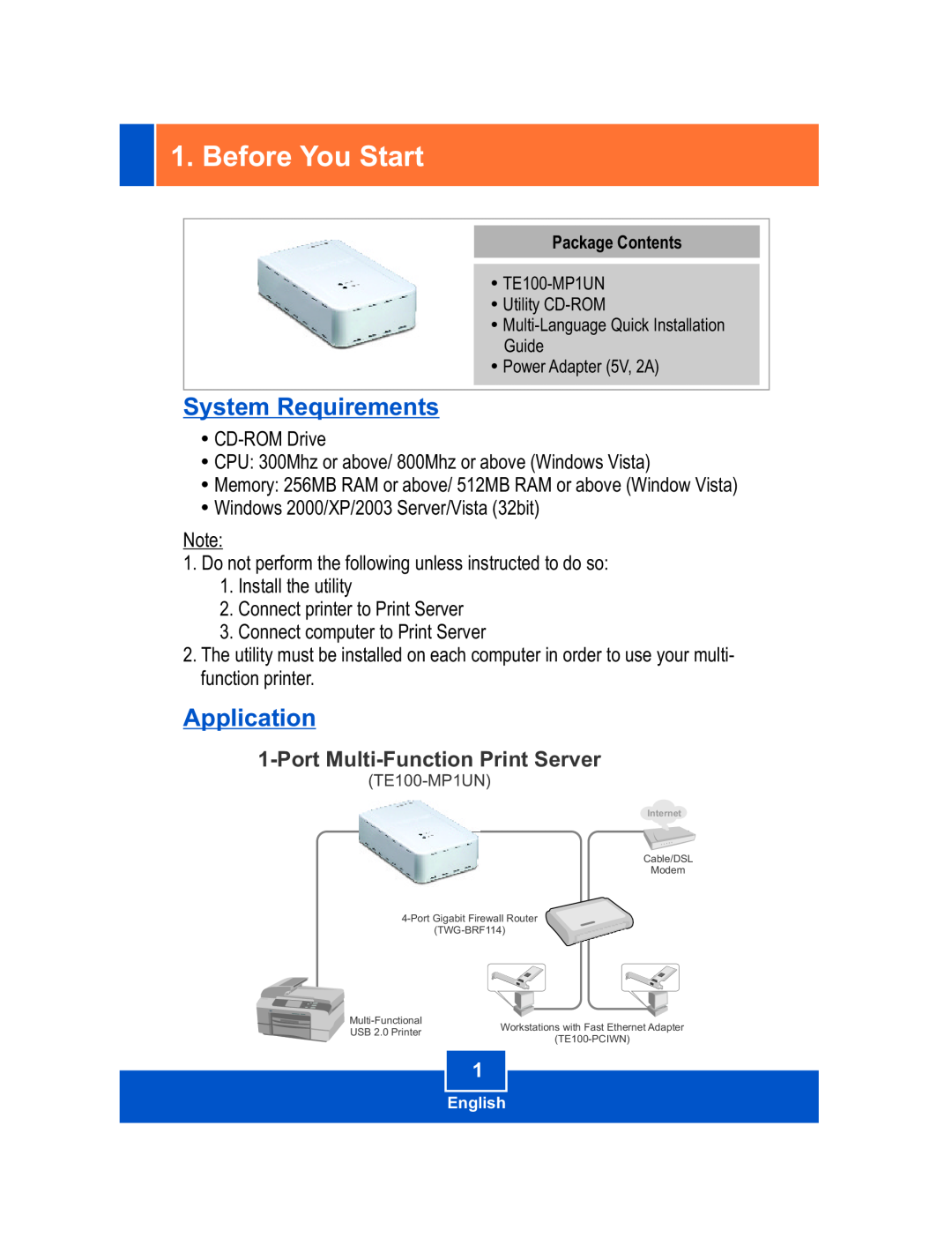 TRENDnet Multi-Function Printer manual Before You Start, System Requirements, Application, Port Multi-Function Print Server 