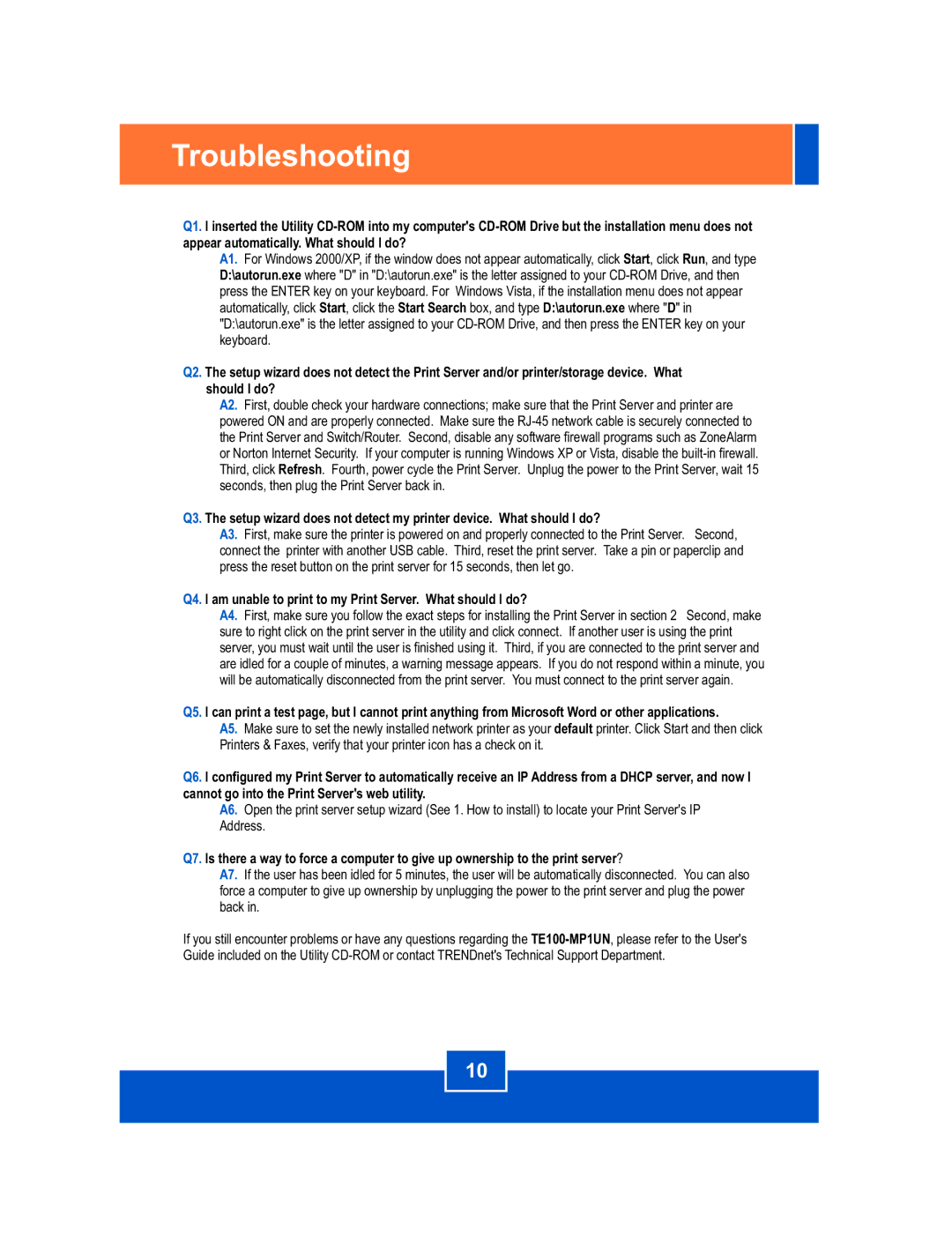 TRENDnet Multi-Function Printer manual Troubleshooting 