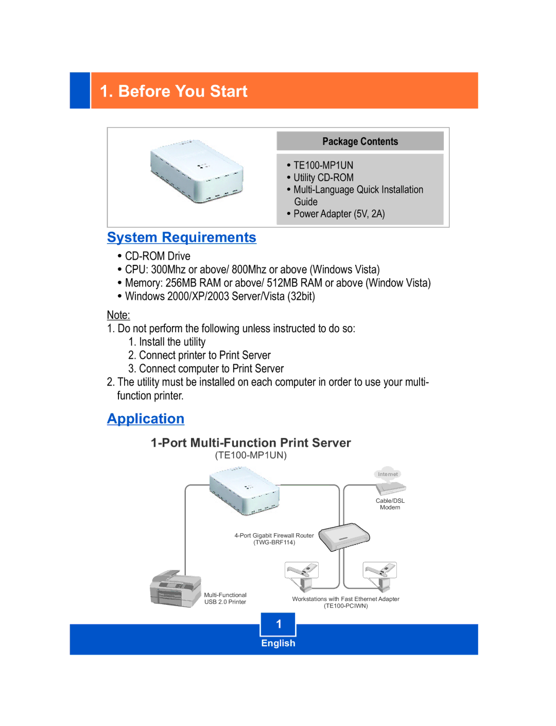 TRENDnet Multi-Function Printer manual Before You Start, Package Contents 