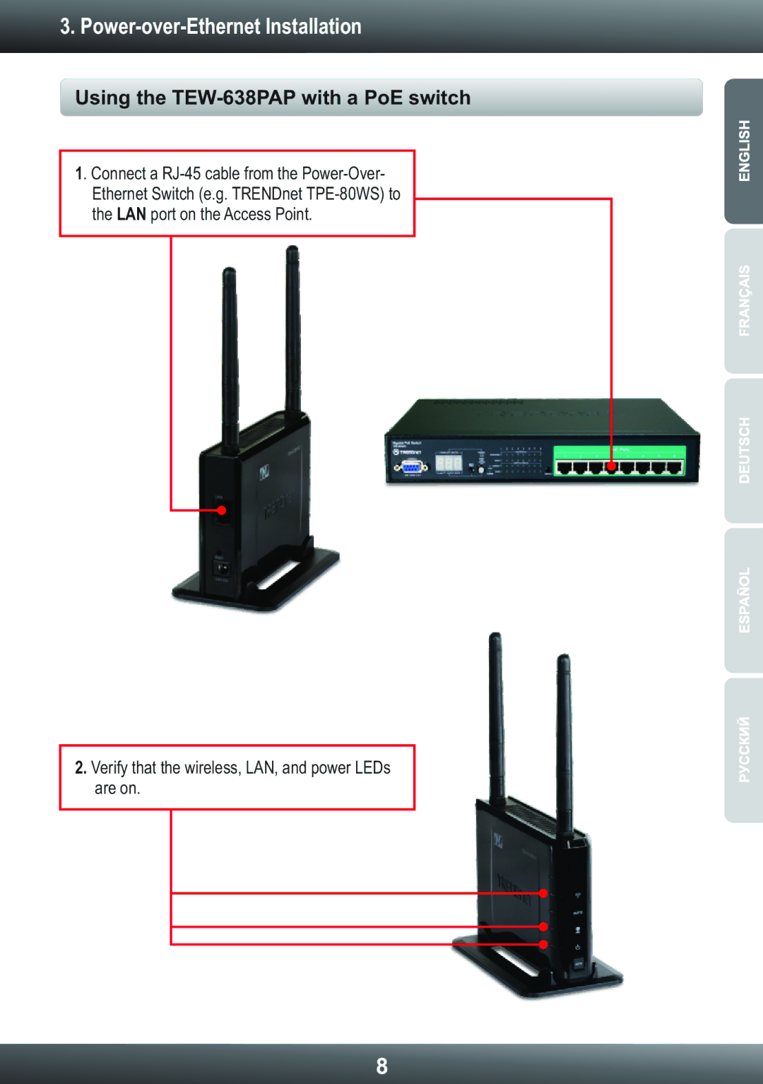 TRENDnet TEW-638PAP 1.01 manual Power-over-Ethernet Installation, Using the TEW-638PAP with a PoE switch 