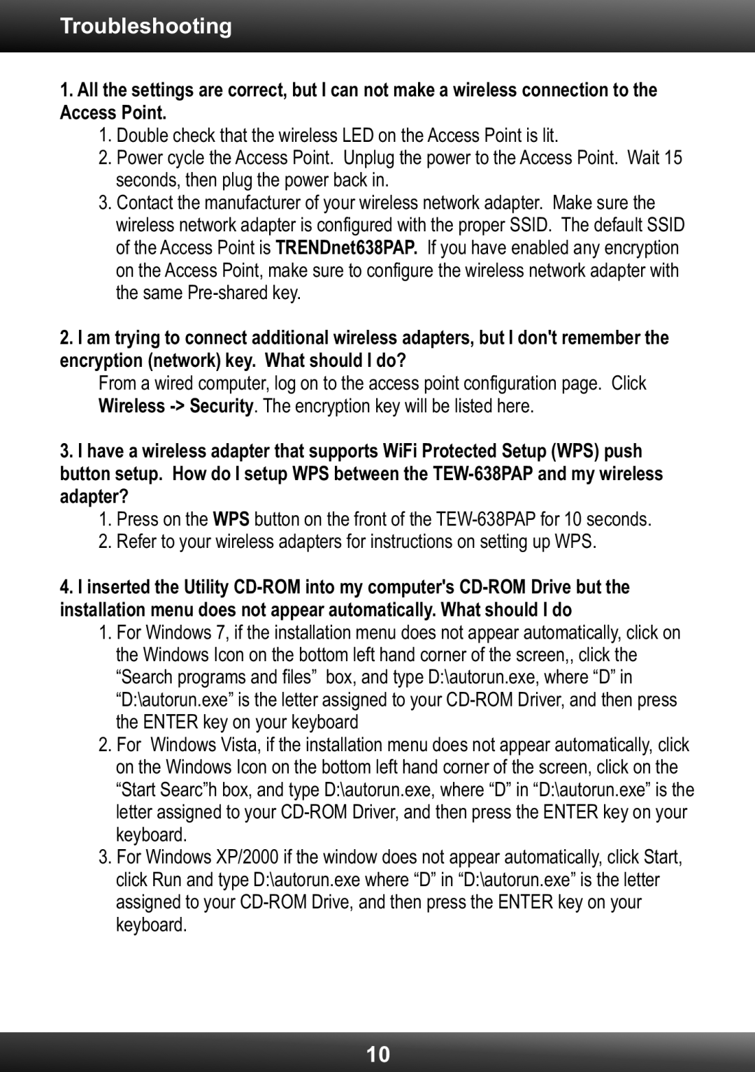 TRENDnet TEW-638PAP 1.01, N300 Wireless PoE Access Point manual Troubleshooting 