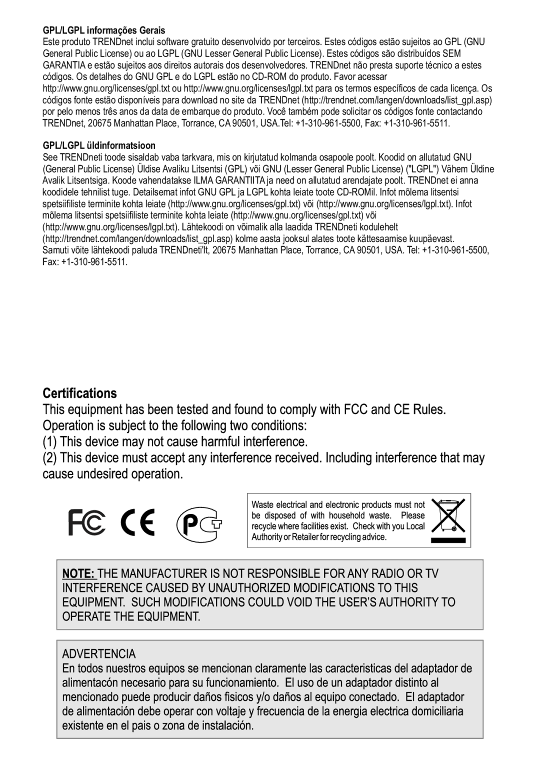 TRENDnet TEW-638PAP 1.01, N300 Wireless PoE Access Point manual GPL/LGPL informações Gerais GPL/LGPL üldinformatsioon 