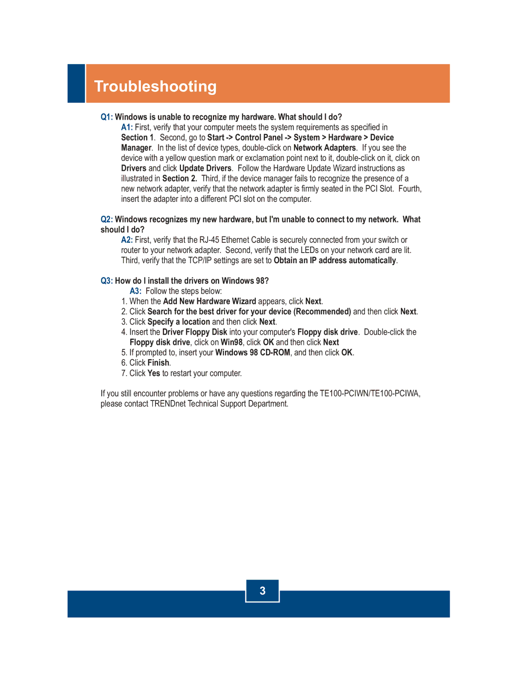 TRENDnet PCIWA, PCIWN manual Troubleshooting 