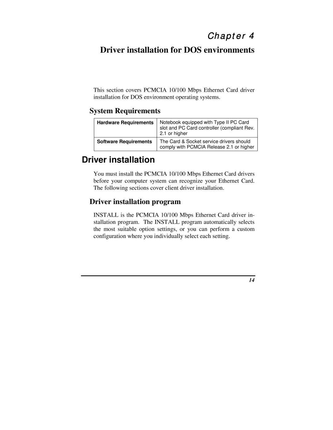 TRENDnet PF-16 PCMCIA Driver installation for DOS environments, System Requirements, Driver installation program 