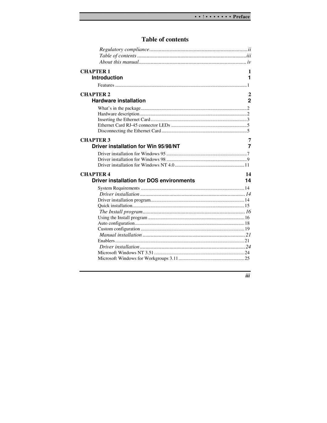 TRENDnet PF-16 PCMCIA user manual Table of contents 