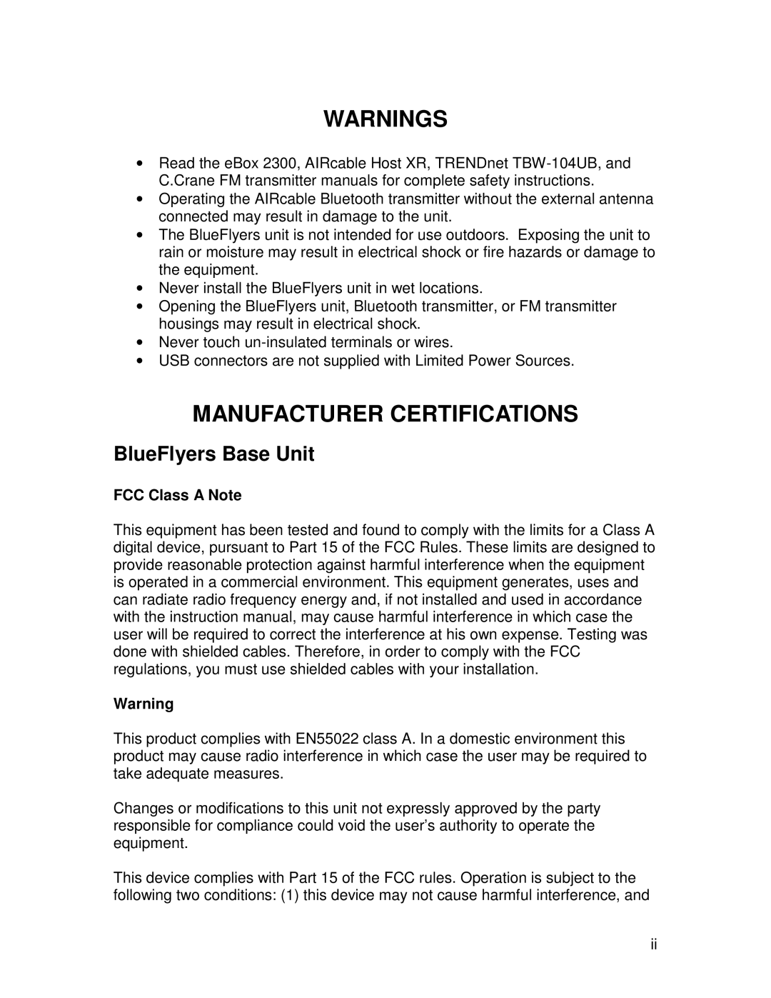 TRENDnet R91007G manual Manufacturer Certifications, BlueFlyers Base Unit 