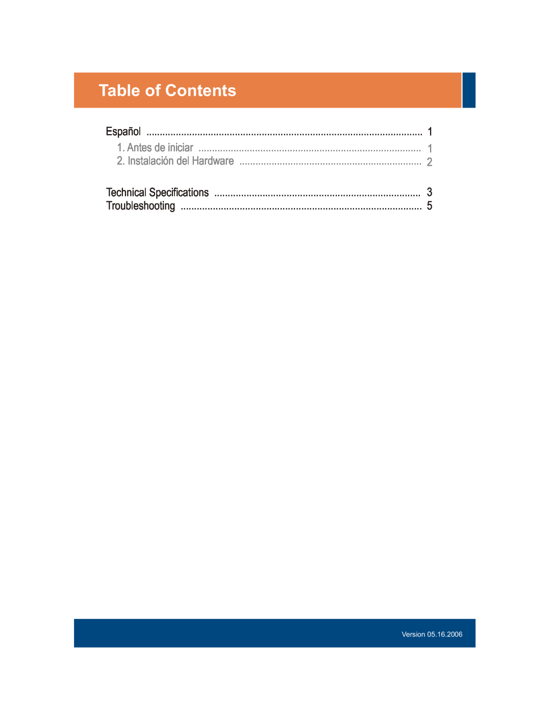 TRENDnet S55Eplus manual Table of Contents, Español, Antes de iniciar, Instalación del Hardware, Technical Specifications 