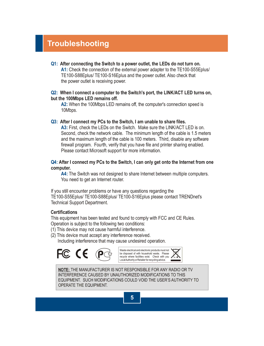 TRENDnet S55Eplus manual Troubleshooting, Certifications 