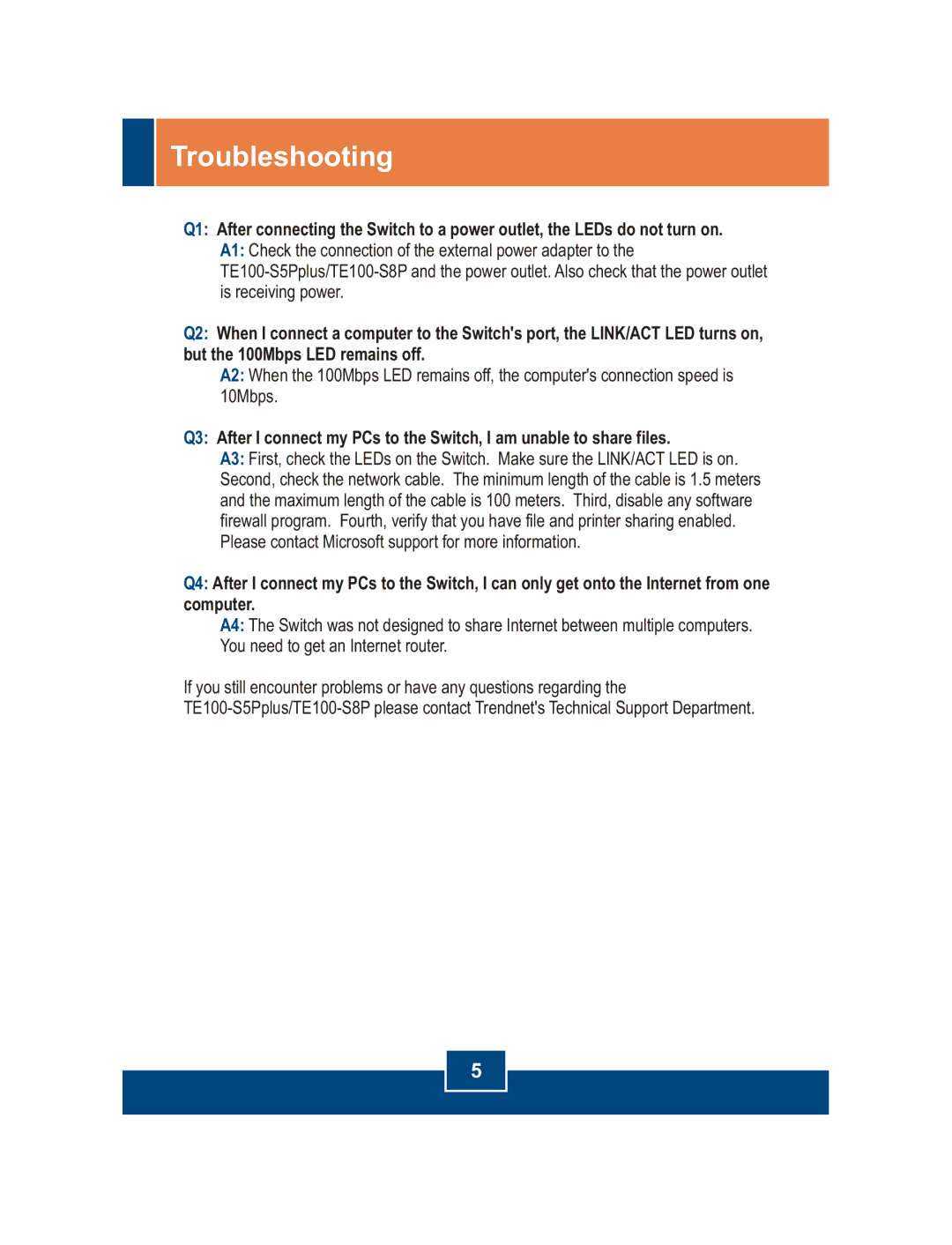 TRENDnet S5Pplus manual Troubleshooting 